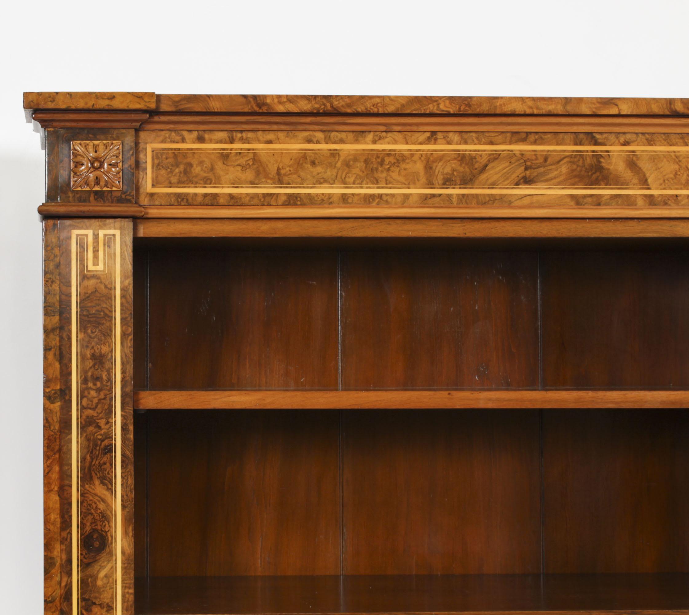 Antique Victorian Burr Walnut & Inlaid Breakfront Open Bookcase 19th C For Sale 6