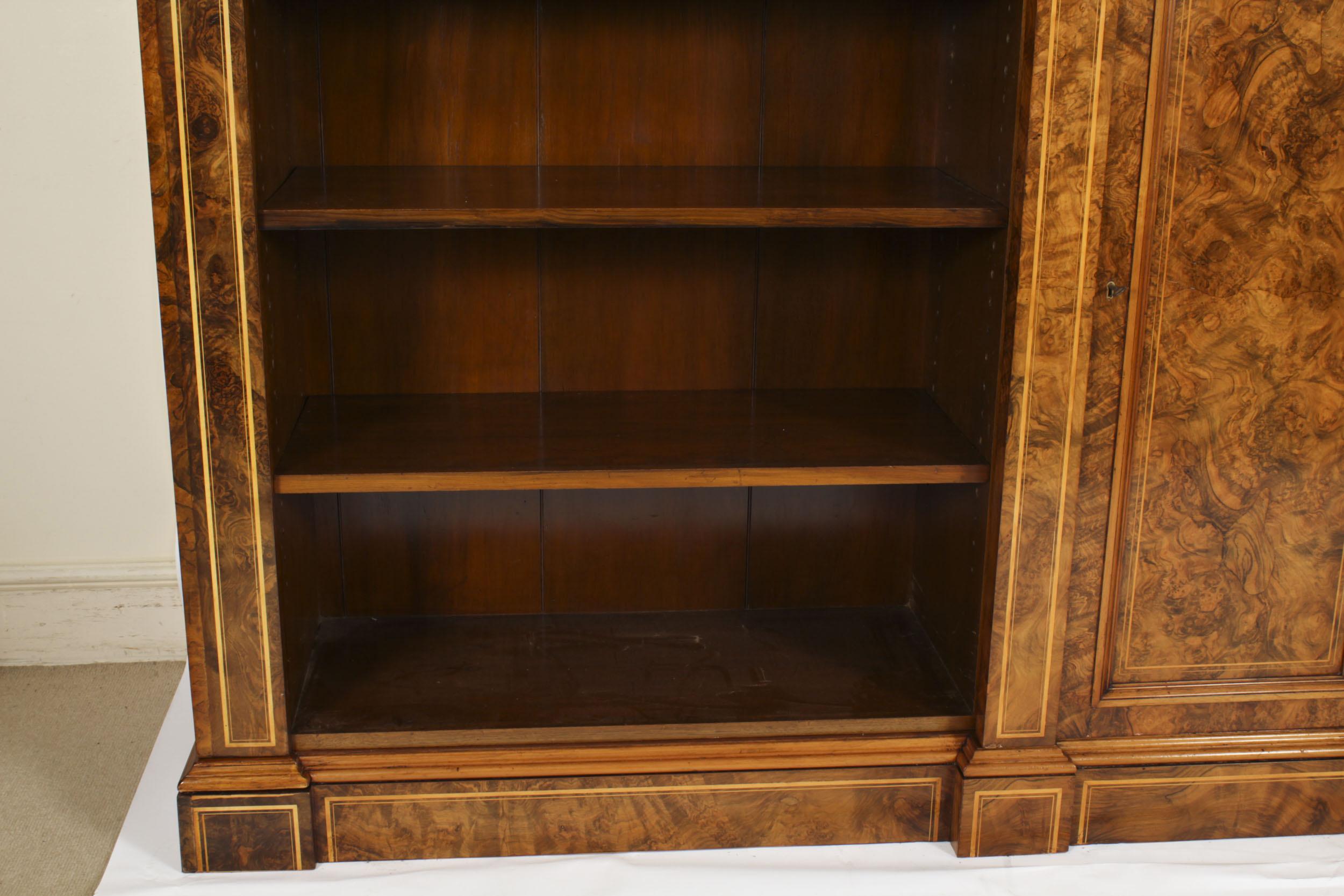 Antique Victorian Burr Walnut & Inlaid Breakfront Open Bookcase 19th C For Sale 7