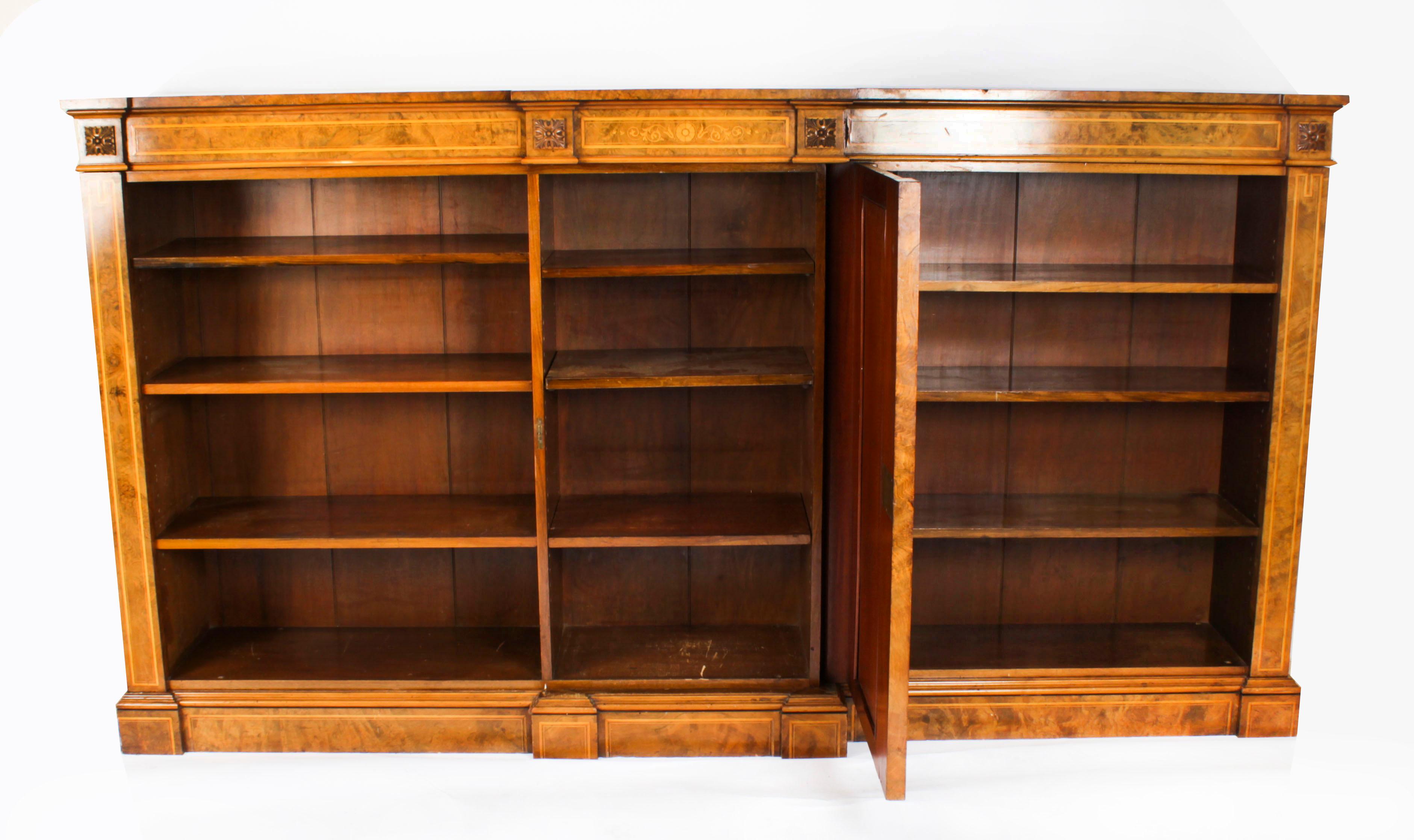 Antique Victorian Burr Walnut & Inlaid Breakfront Open Bookcase 19th C 9