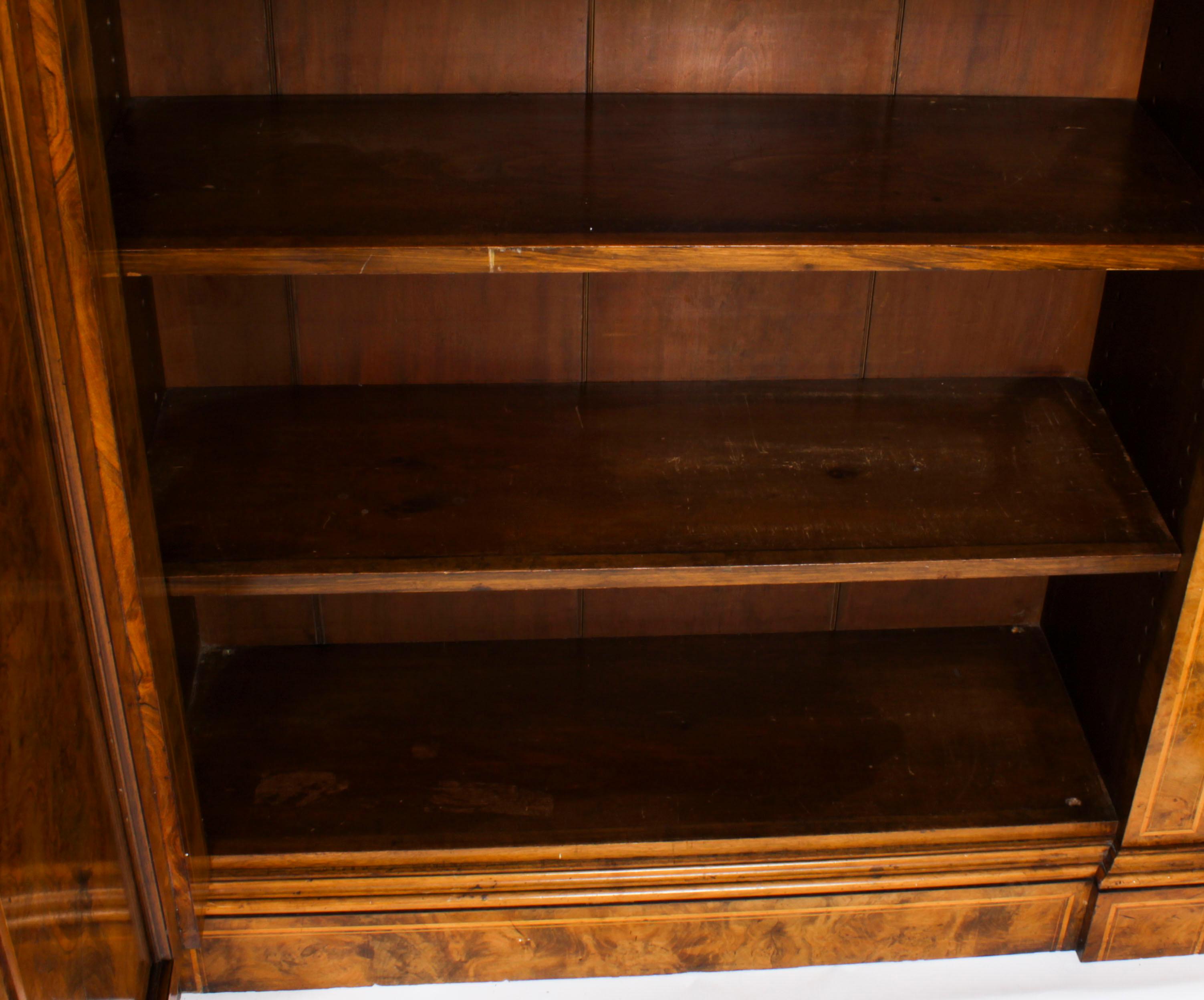 Antique Victorian Burr Walnut & Inlaid Breakfront Open Bookcase 19th C 12