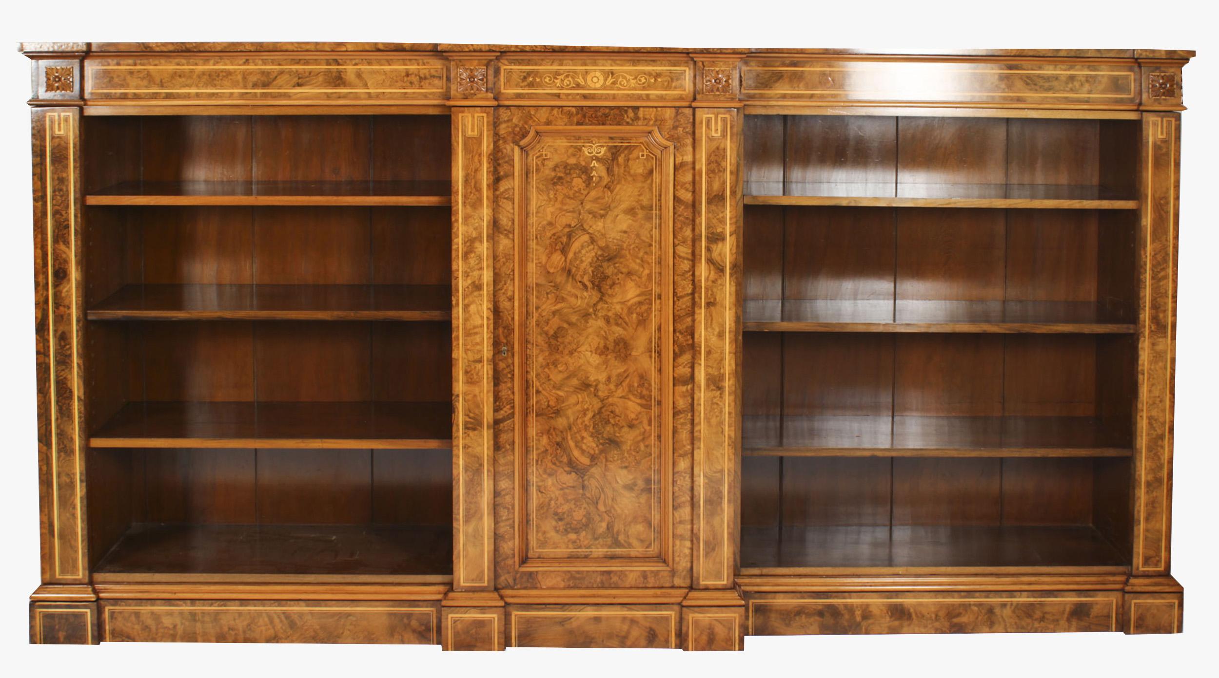 Antique Victorian Burr Walnut & Inlaid Breakfront Open Bookcase 19th C For Sale 12