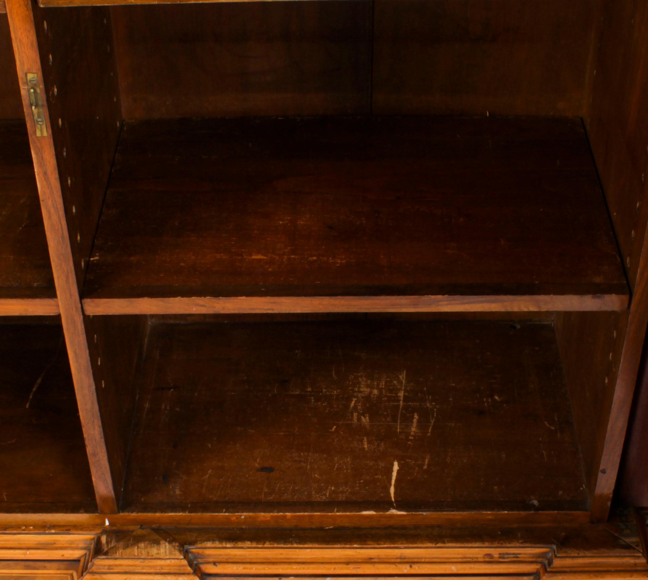 Antique Victorian Burr Walnut & Inlaid Breakfront Open Bookcase 19th C 14