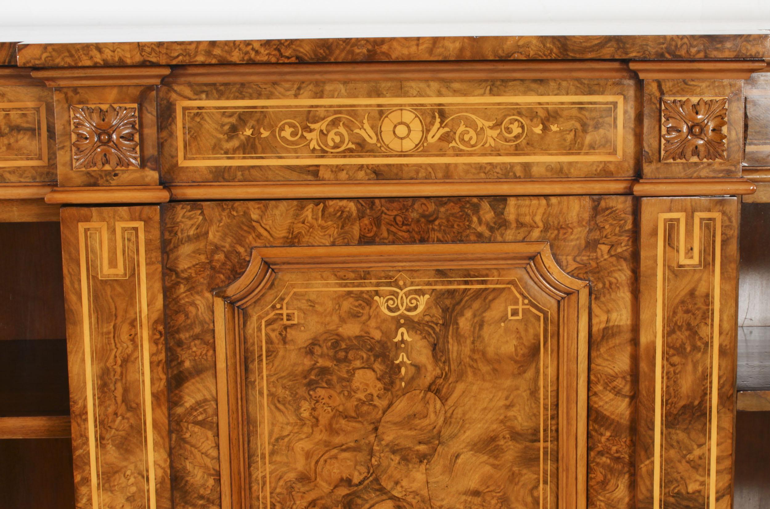 English Antique Victorian Burr Walnut & Inlaid Breakfront Open Bookcase 19th C For Sale