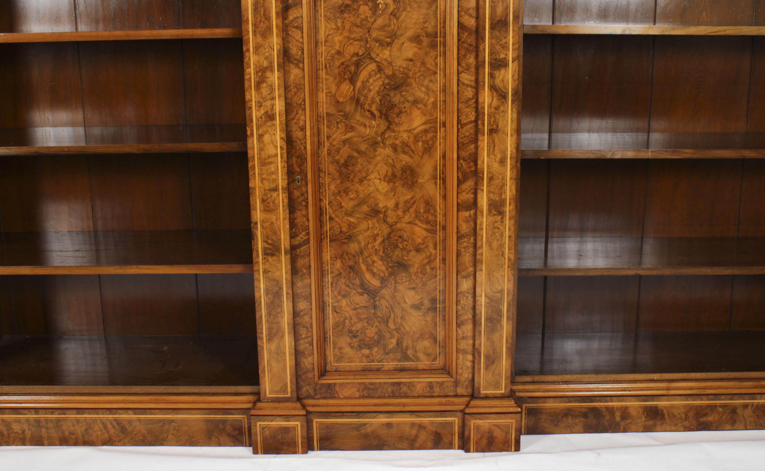 Antique Victorian Burr Walnut & Inlaid Breakfront Open Bookcase 19th C For Sale 1