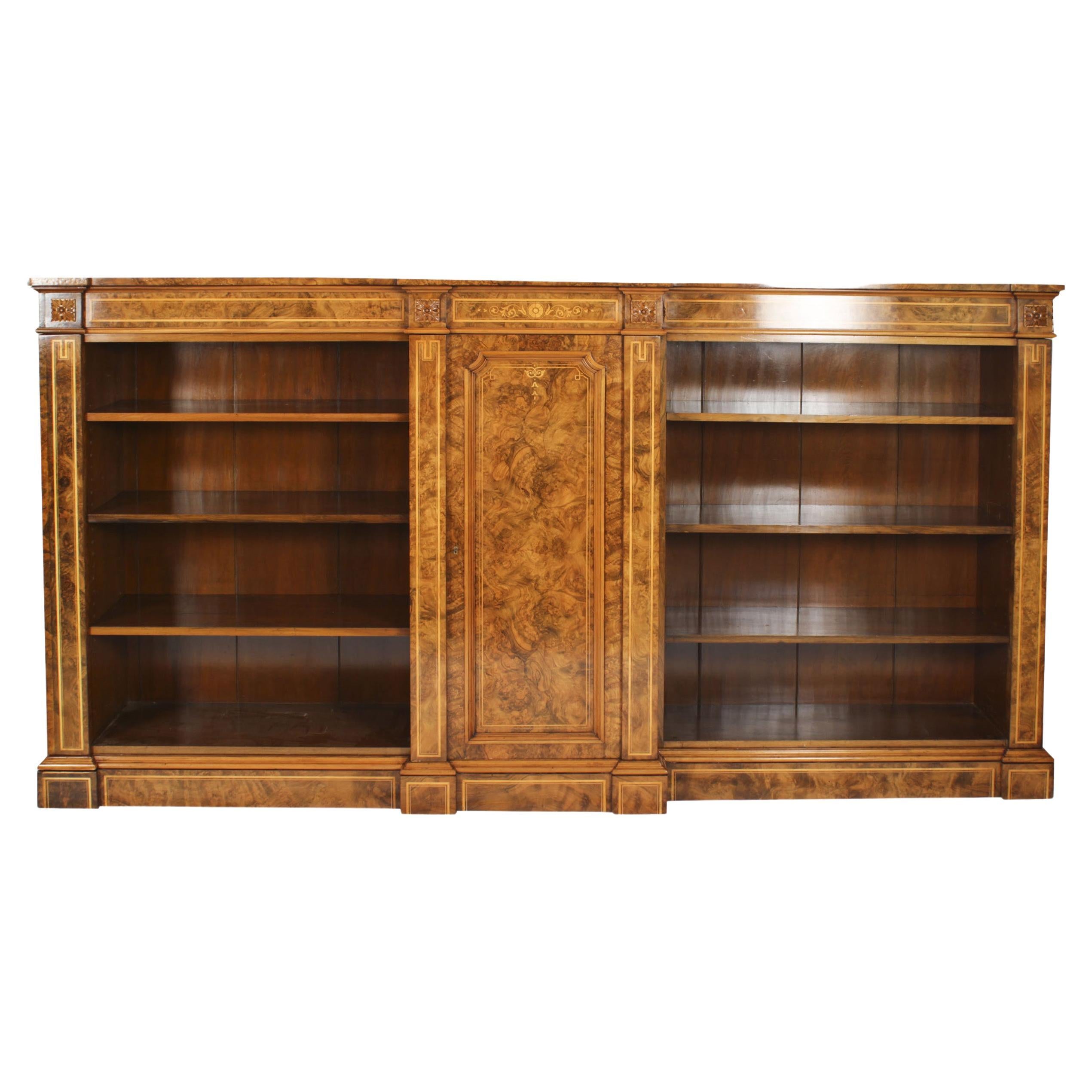 Antique Victorian Burr Walnut & Inlaid Breakfront Open Bookcase 19th C For Sale