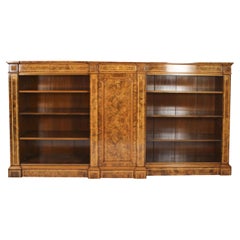 Used Victorian Burr Walnut & Inlaid Breakfront Open Bookcase 19th C