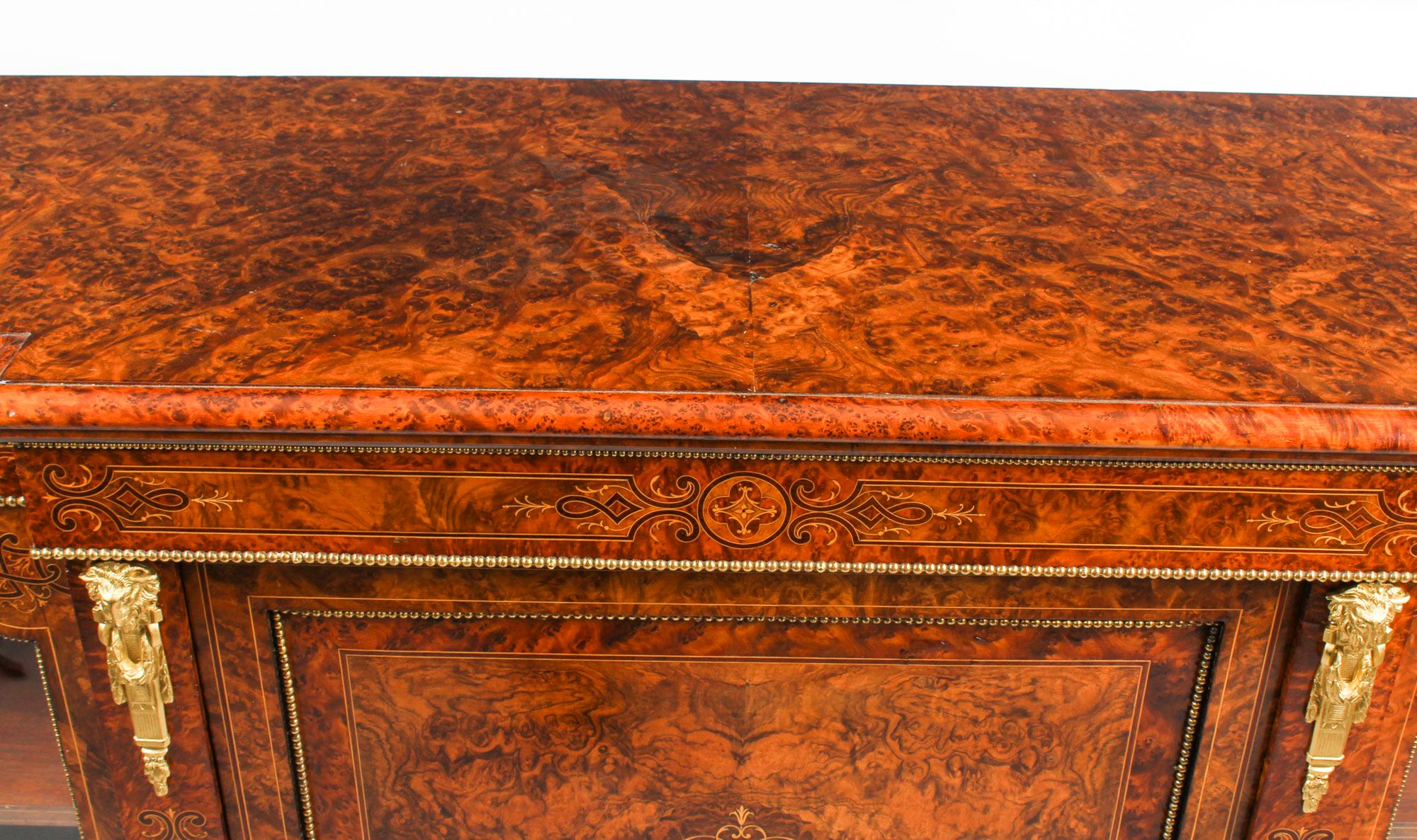 English Antique Victorian Burr Walnut Inlaid Credenza Edwards & Roberts 19th Century
