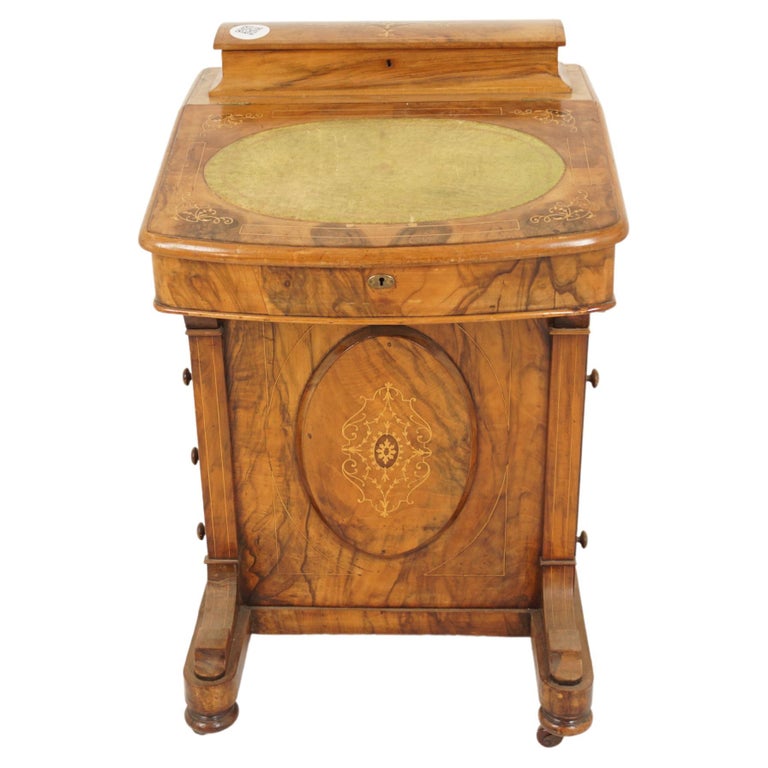 Antique Victorian Burr Walnut Inlaid Davenport Writing Desk, Scotland
