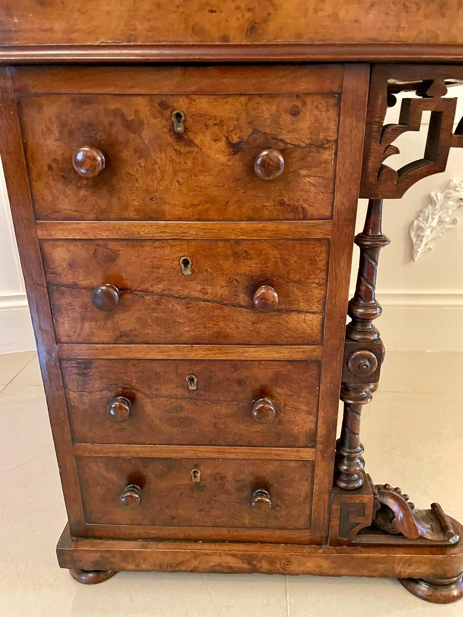 Antique Victorian burr walnut inlaid freestanding davenport having a shaped inlaid top opening to reveal a fitted interior, original leather writing slope crossbanded in burr walnut with satinwood inlay opening to reveal two dummy drawers and two