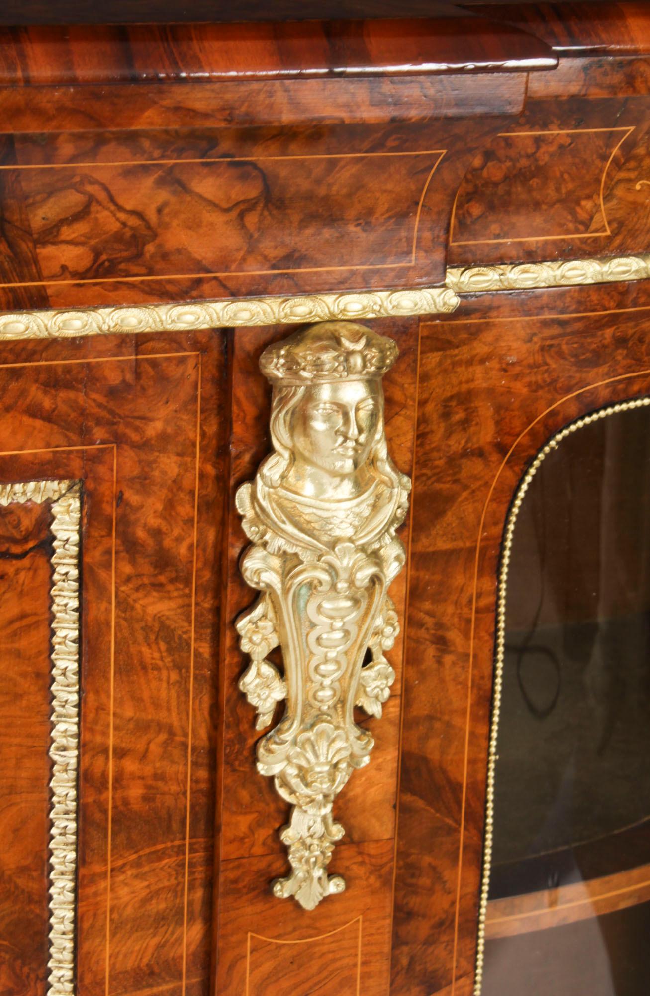 Antique Victorian Burr Walnut Inlaid Ormolu Mounted Credenza 19th Century For Sale 2