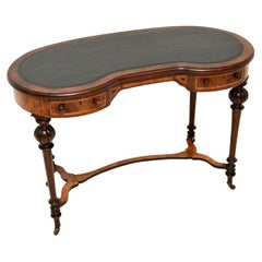 Antique Victorian Burr Walnut Leather Top Kidney Shaped Desk