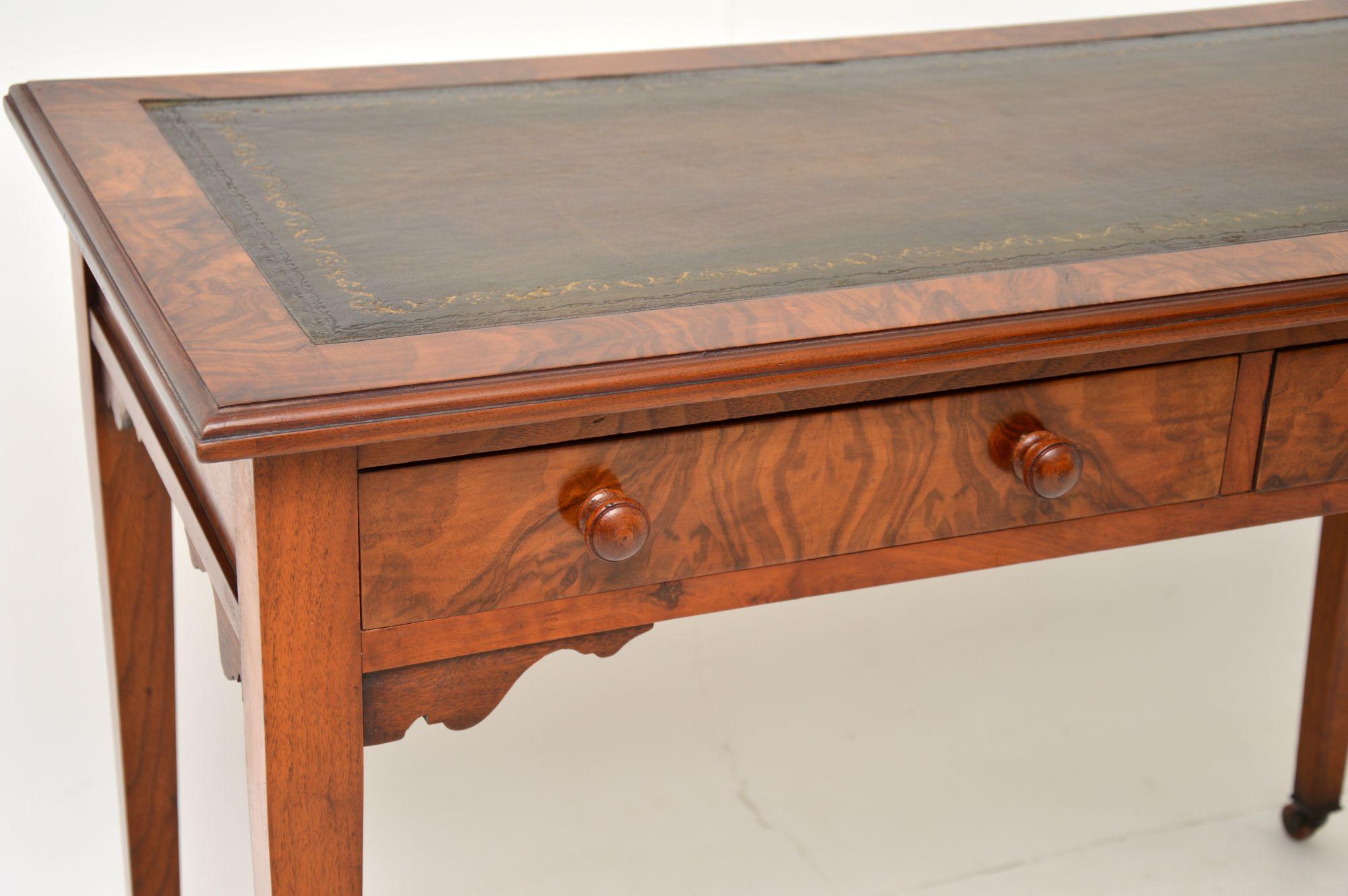 English Antique Victorian Burr Walnut Leather Top Writing Table / Desk