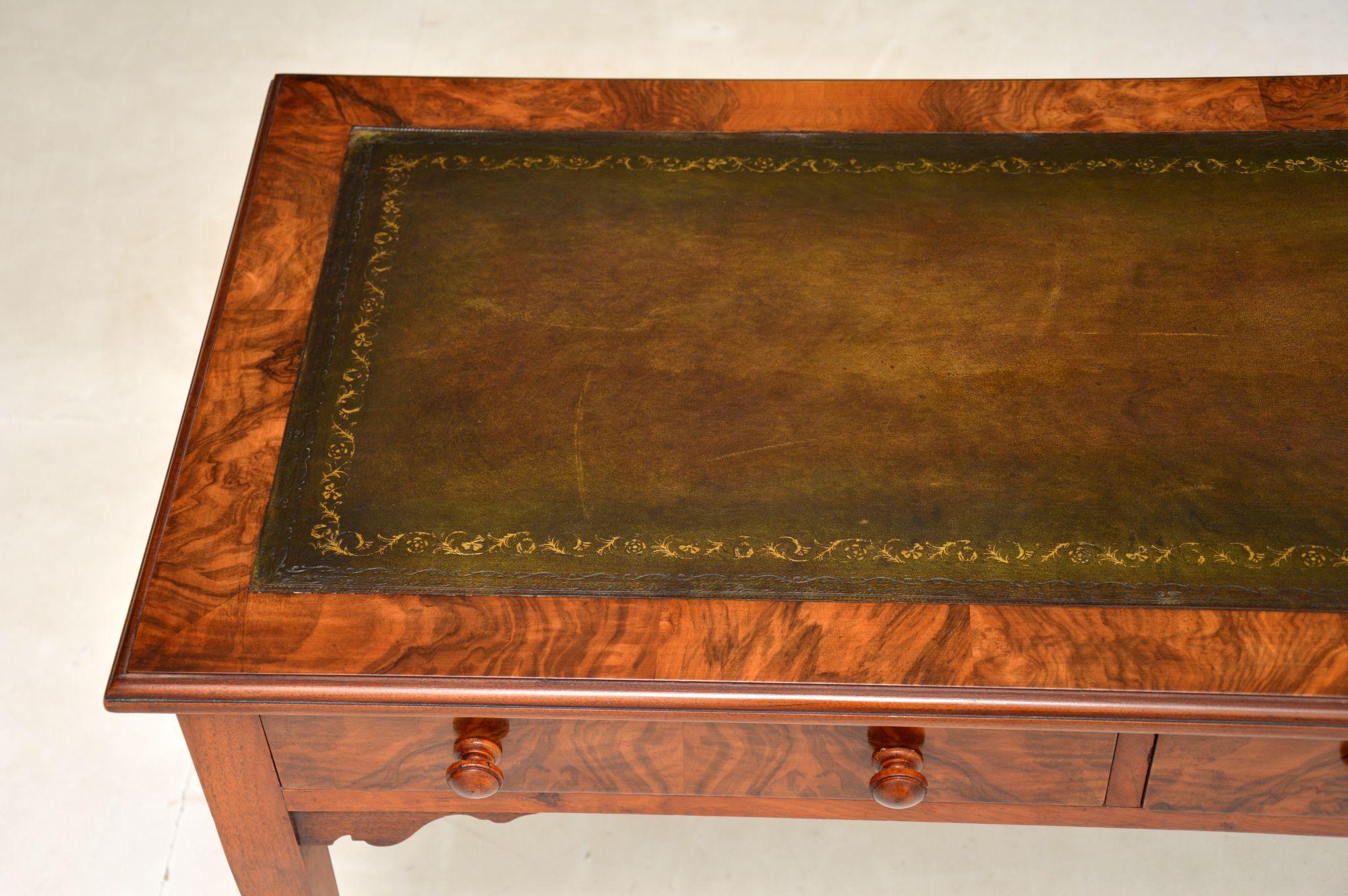 19th Century Antique Victorian Burr Walnut Leather Top Writing Table / Desk