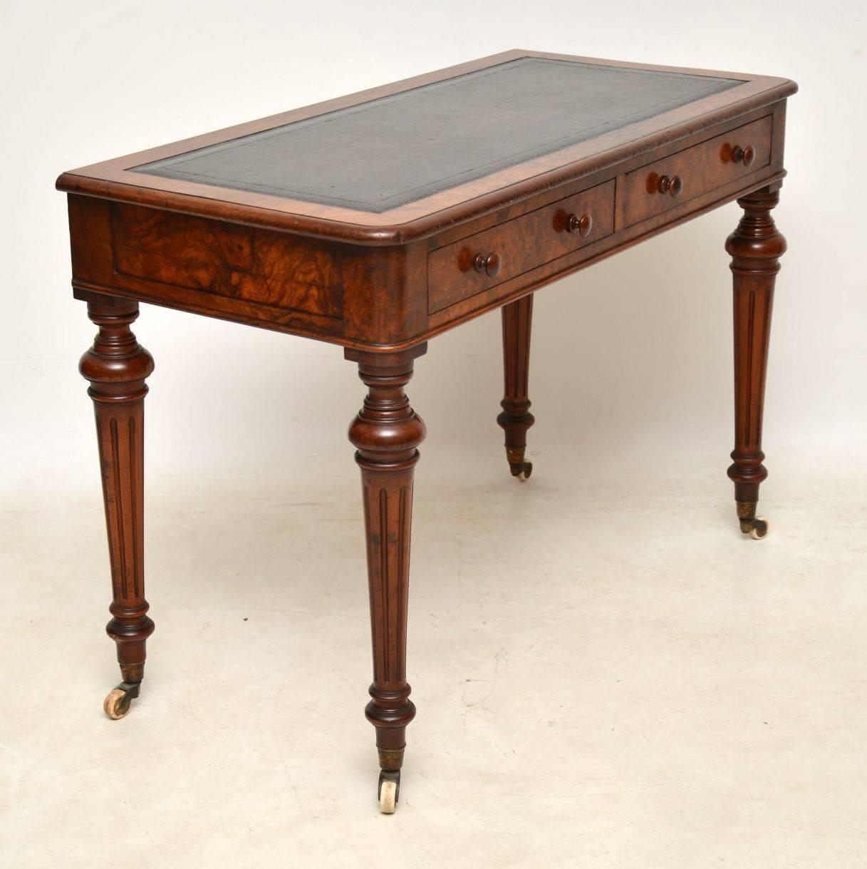 English Antique Victorian Burr Walnut Leather Top Writing Table