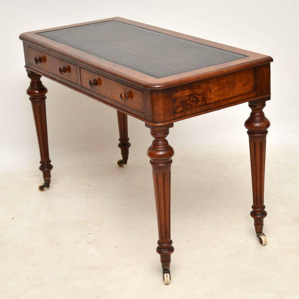 Antique Victorian Burr Walnut Leather Top Writing Table In Excellent Condition In London, GB