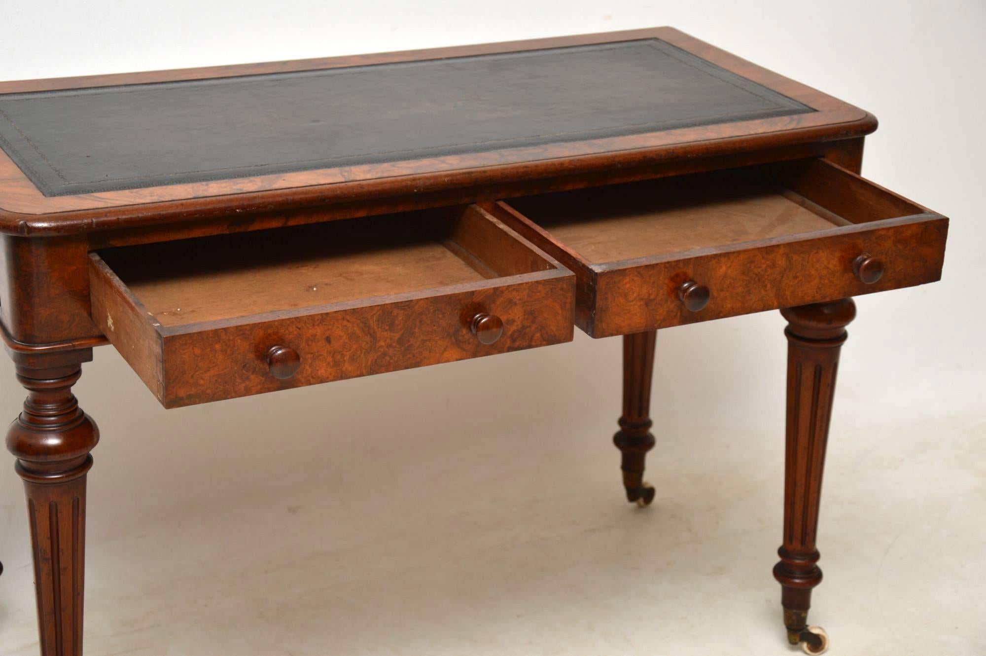 Mid-19th Century Antique Victorian Burr Walnut Leather Top Writing Table