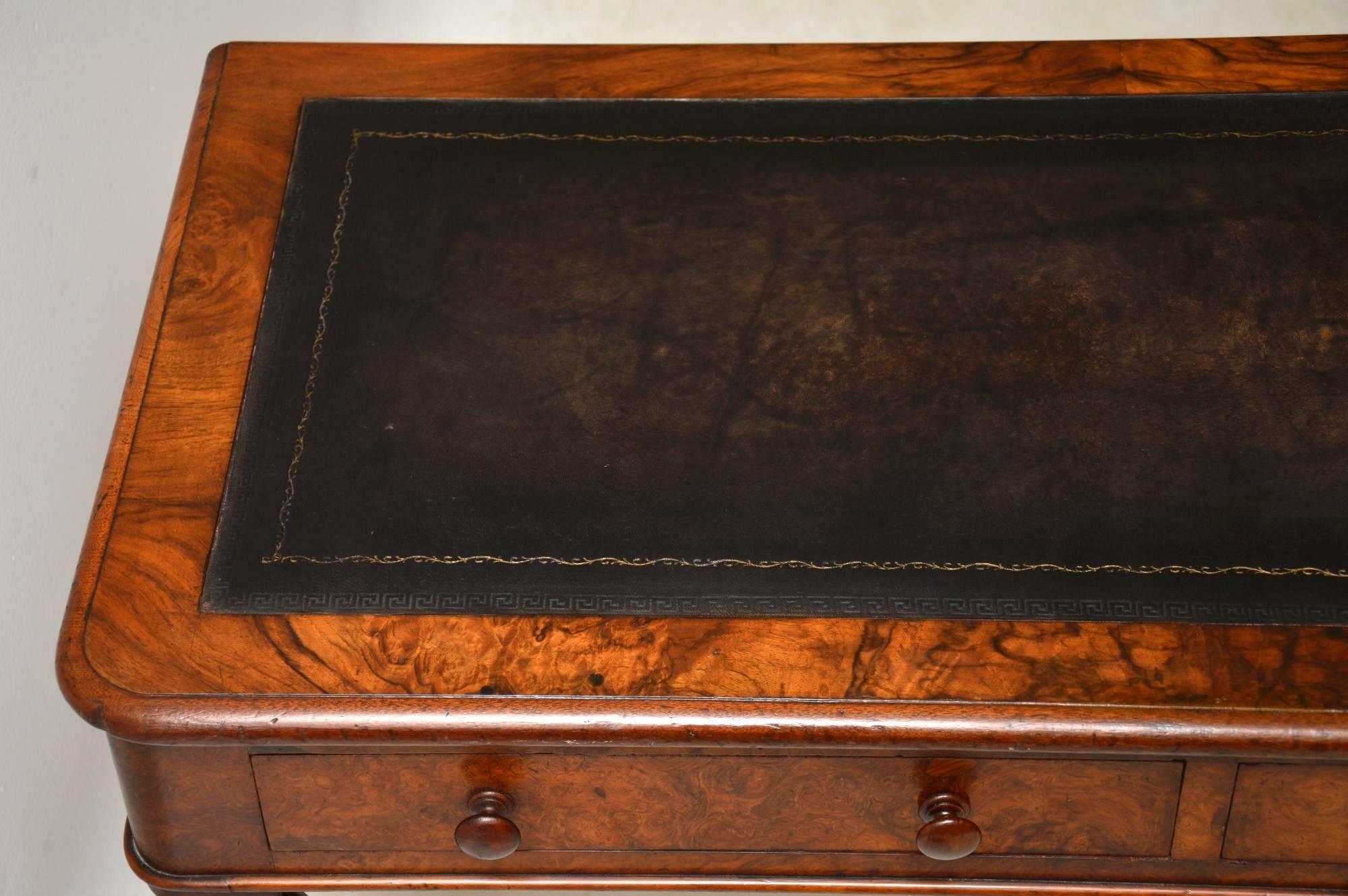 Wood Antique Victorian Burr Walnut Leather Top Writing Table