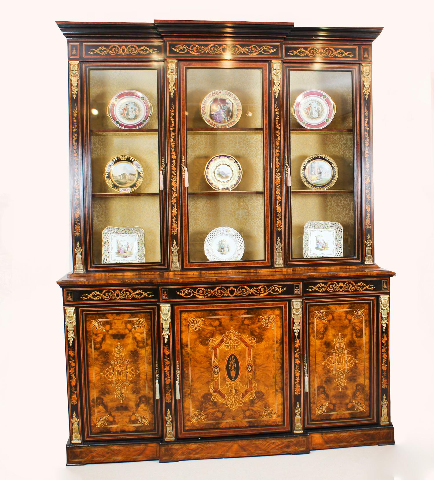 Antique Victorian Burr Walnut Marquetry Bookcase Display Cabinet