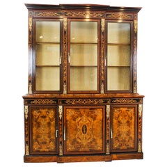 Antique Victorian Burr Walnut Marquetry Bookcase Display Cabinet 19th Century