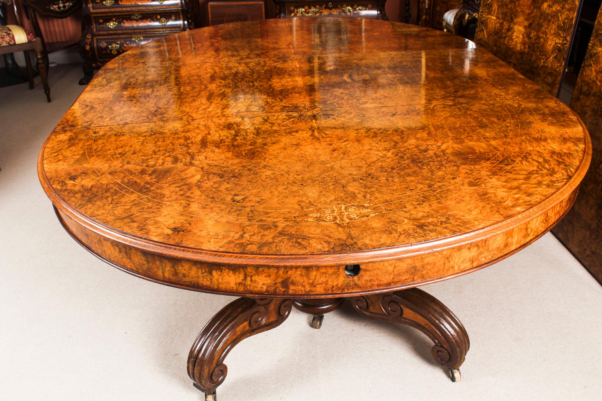 Antique Victorian Burr Walnut Marquetry Inlaid Dining Table 19th Century 8
