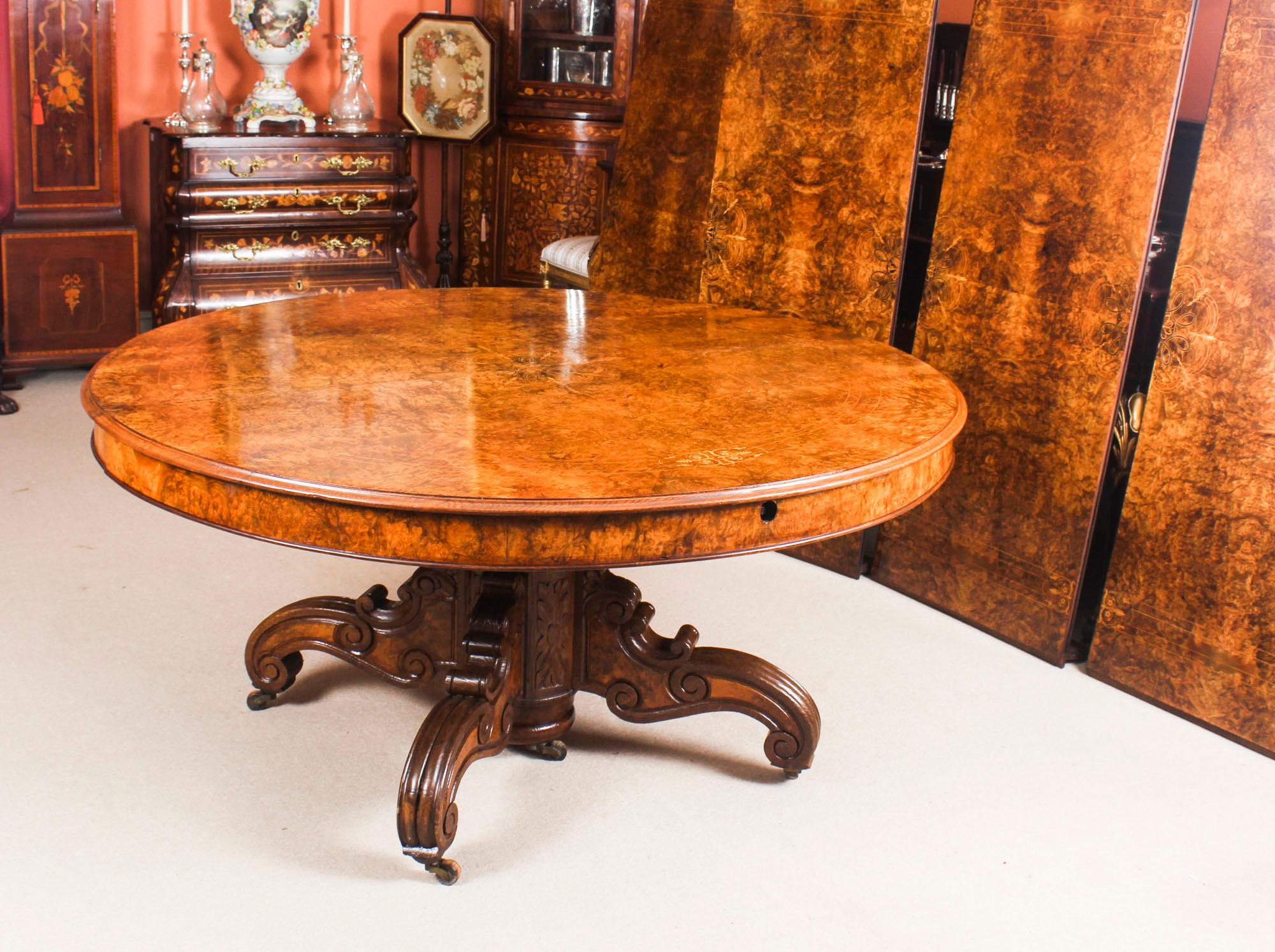 Antique Victorian Burr Walnut Marquetry Inlaid Dining Table 19th Century In Excellent Condition In London, GB