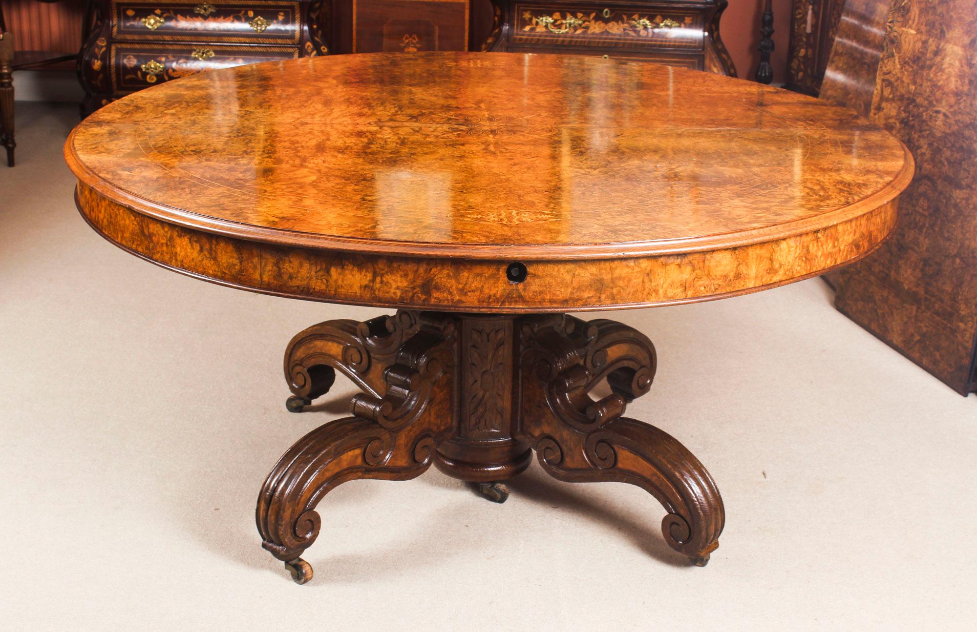 Late 19th Century Antique Victorian Burr Walnut Marquetry Inlaid Dining Table 19th Century