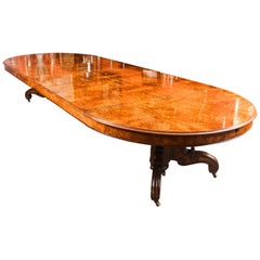 Ancienne table de salle à manger victorienne en marqueterie de ronce de noyer 19ème siècle