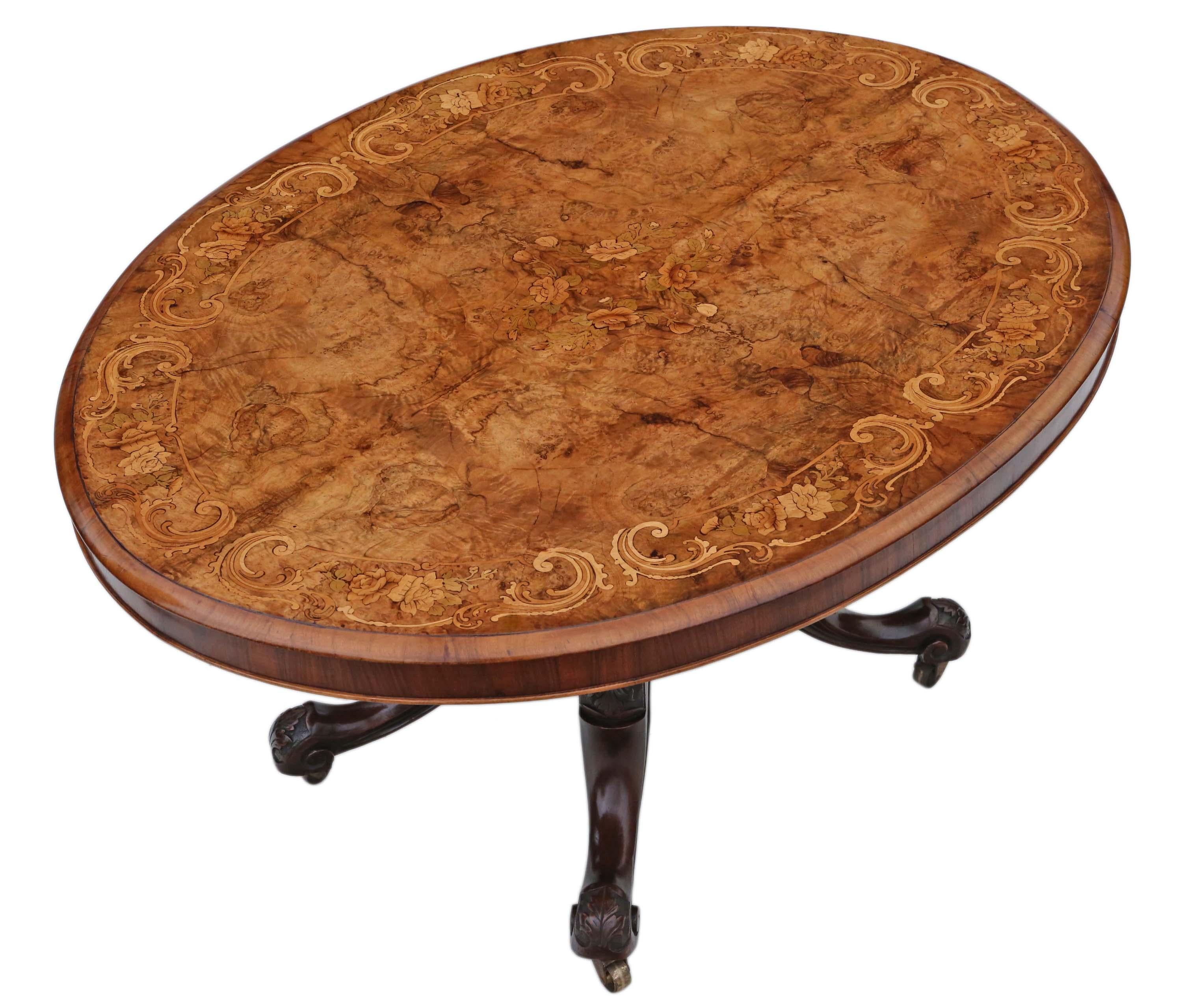 Antique fine quality large Victorian burr walnut marquetry oval loo breakfast table.

This is a lovely table (far far better than most), that is full of age, charm and character. Recently restored to a very good standard.

Rare and attractive.