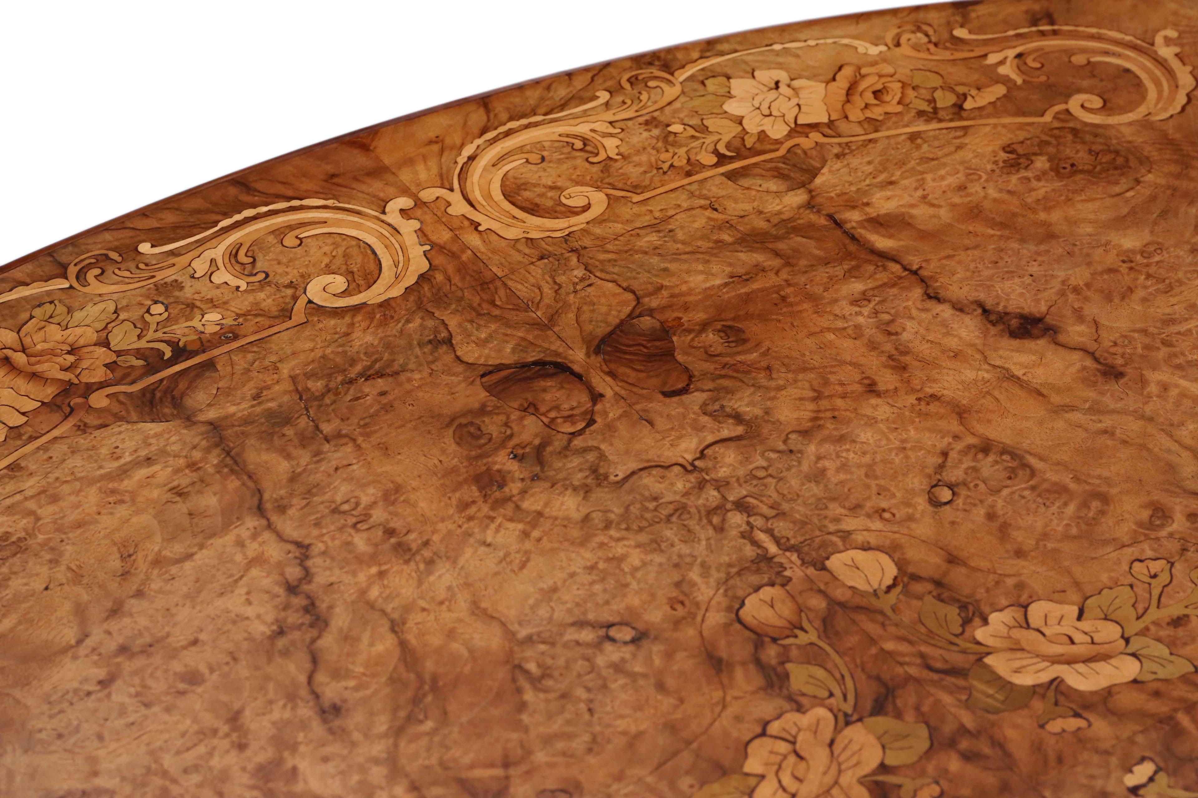 Antique Victorian Burr Walnut Marquetry Oval Loo Breakfast Table Tilt Top 2