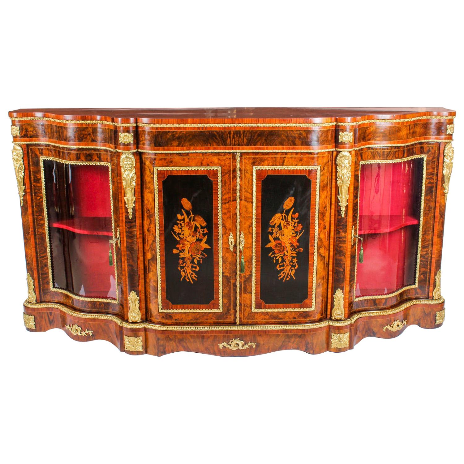 Antique Victorian Burr Walnut and Marquetry Serpentine Credenza, 19th Century