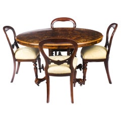 Antique Victorian Burr Walnut Oval Loo Table 19th C & Set 4 Chairs