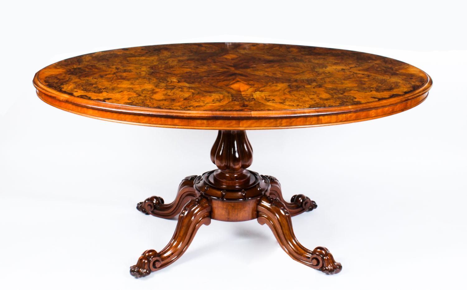 Antique Victorian Burr Walnut Oval Loo Table, 19th Century 6