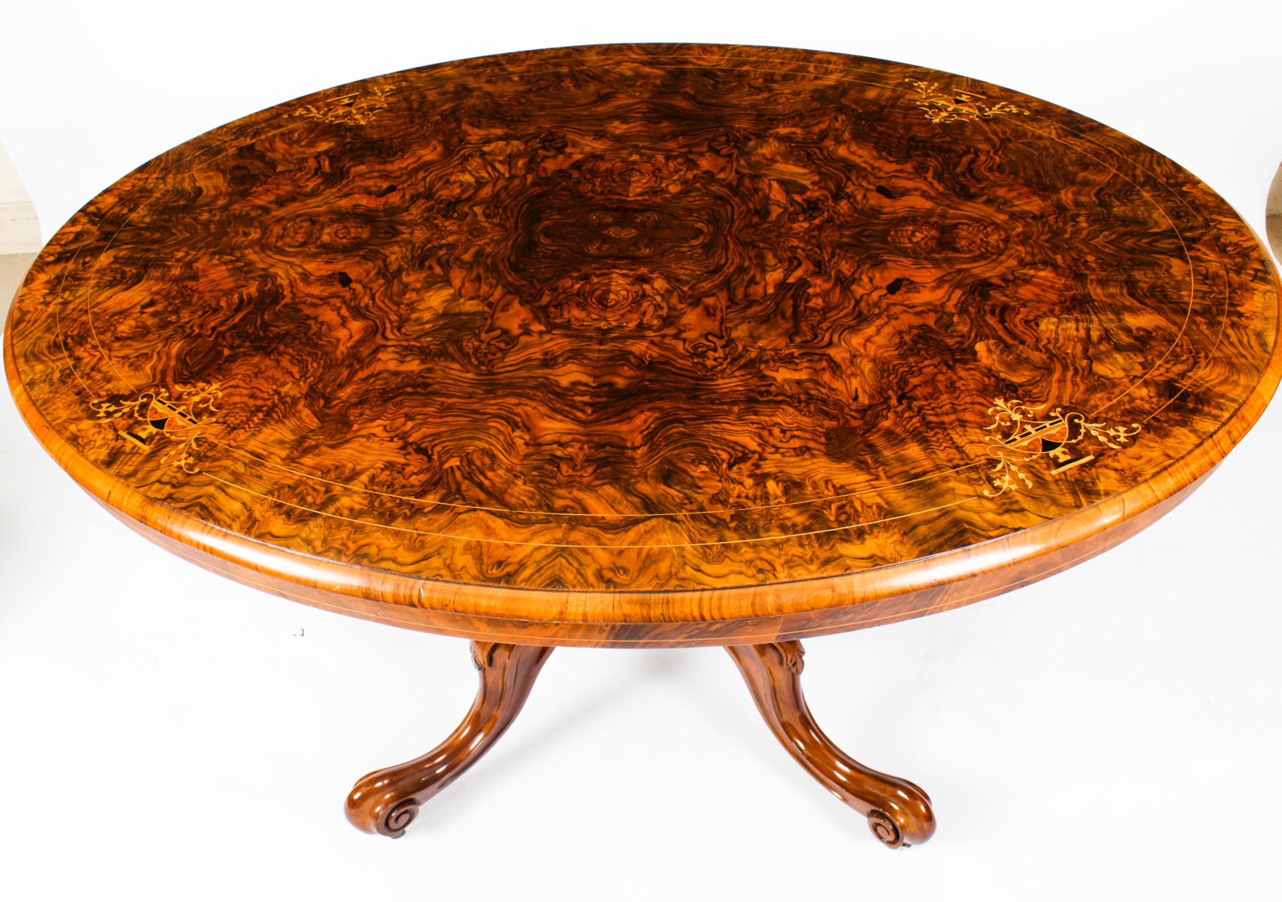 English Antique Victorian Burr Walnut Oval Loo Table 19th Century