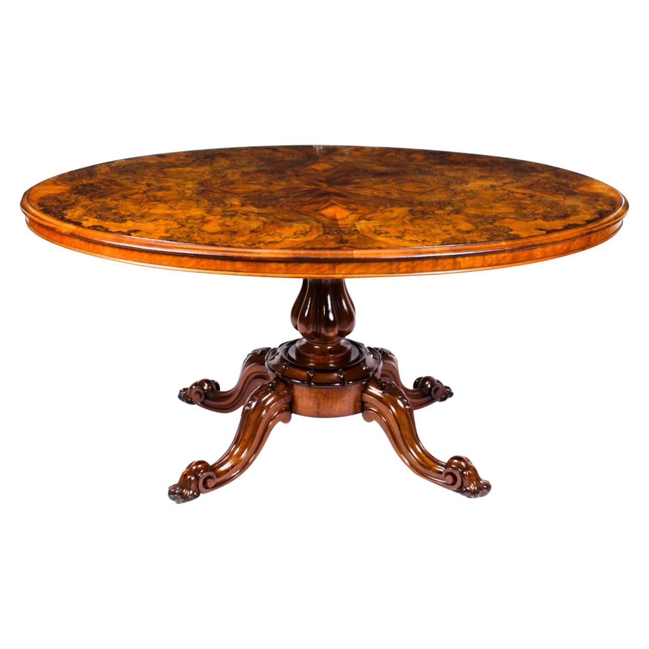 Antique Victorian Burr Walnut Oval Loo Table, 19th Century