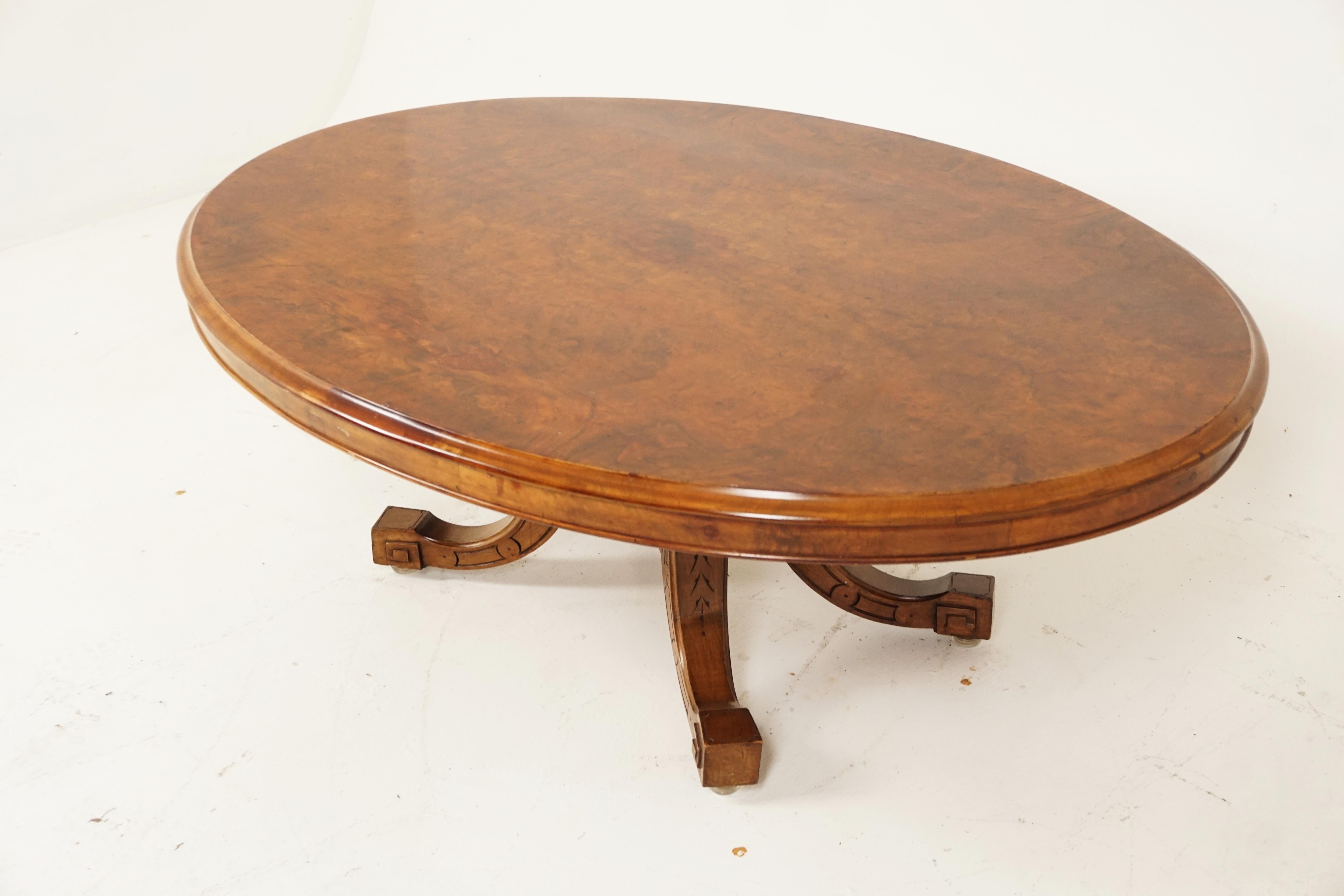 Antique Victorian Burr Walnut Oval Low coffee table reduced, Scotland 1870, B2848

Scotland 1870
Solid walnut and veneer
Original finish
Oval top with moulded edge
The table stands on a quadruple base with four carved cabriole legs
Some minor