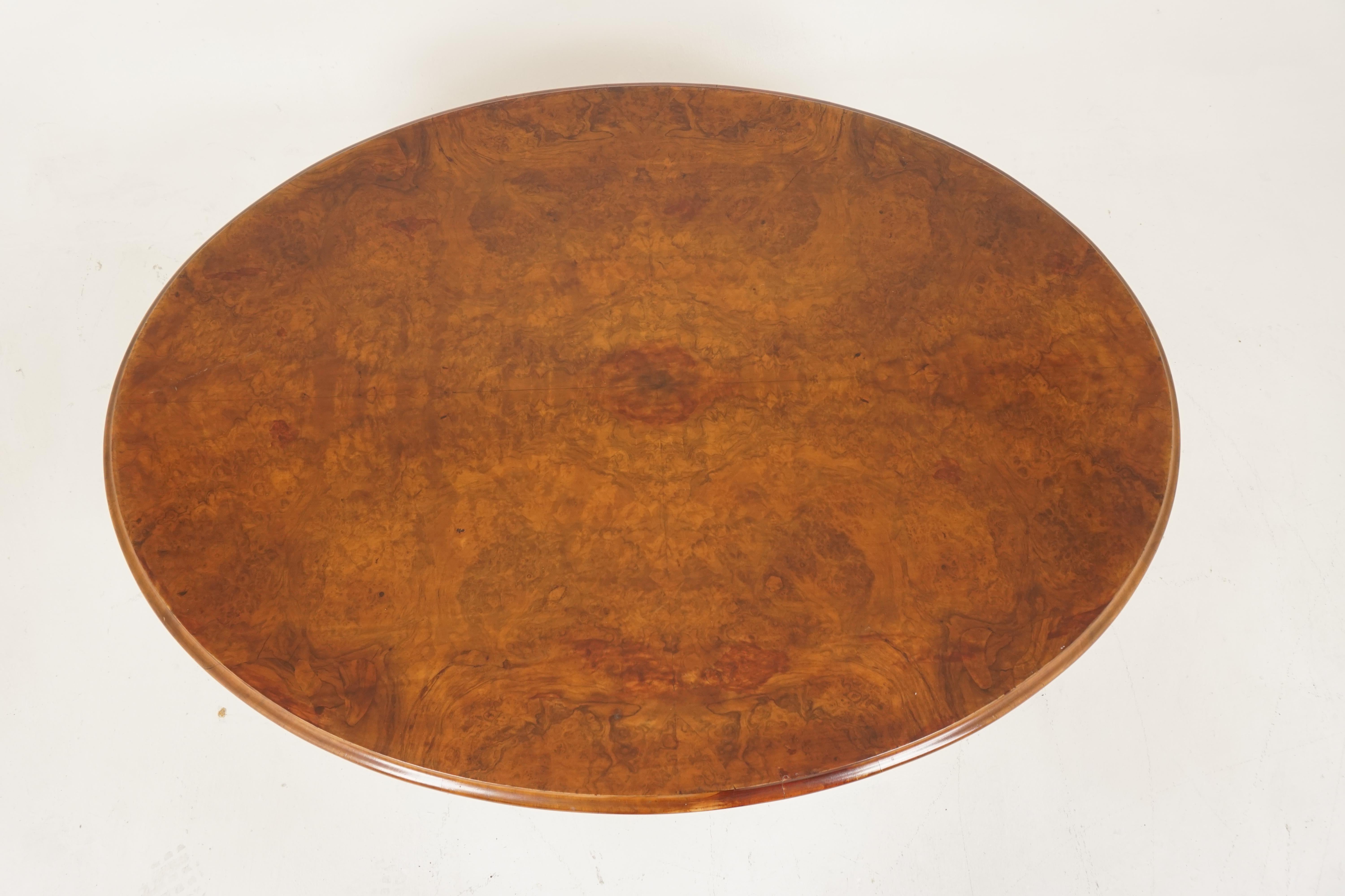 Scottish Antique Victorian Burr Walnut Oval Low Coffee Table Reduced, Scotland 1870 B2848
