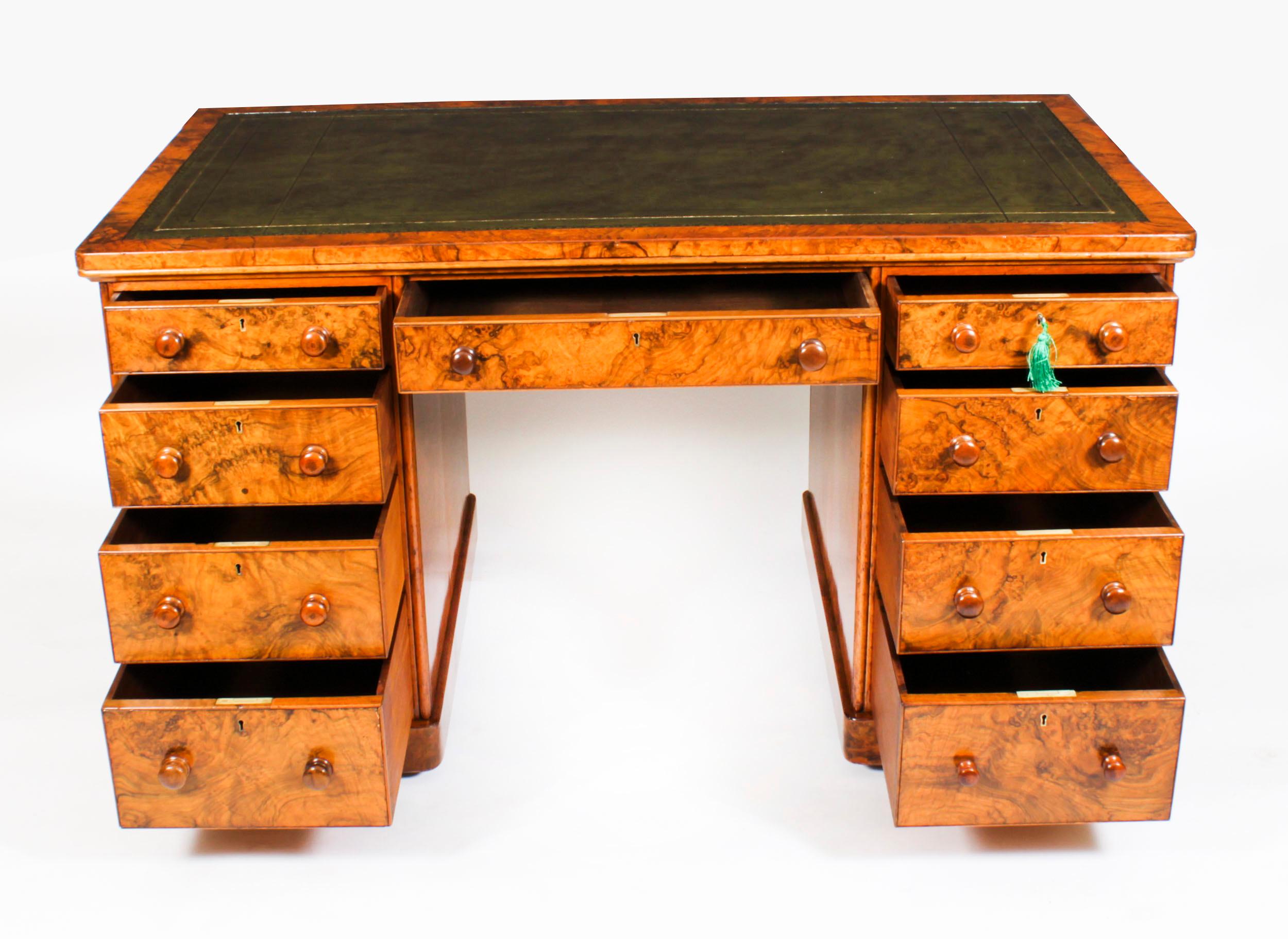 English Antique Victorian Burr Walnut Partners Pedestal Desk 19th C For Sale