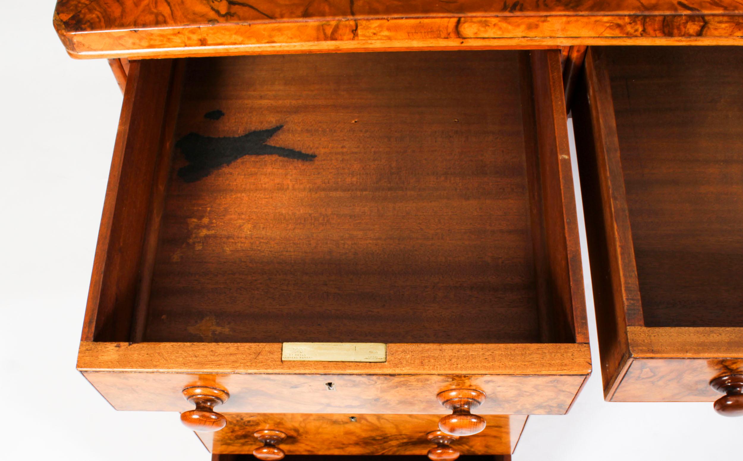 Mid-19th Century Antique Victorian Burr Walnut Partners Pedestal Desk 19th C For Sale