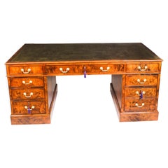 Antique Victorian Burr Walnut Partners Pedestal Desk 19th C