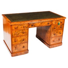 Antique Victorian Burr Walnut Partners Pedestal Desk 19th C
