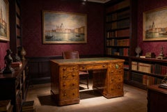 Antique Victorian Burr Walnut Partners Pedestal Desk 19th Century