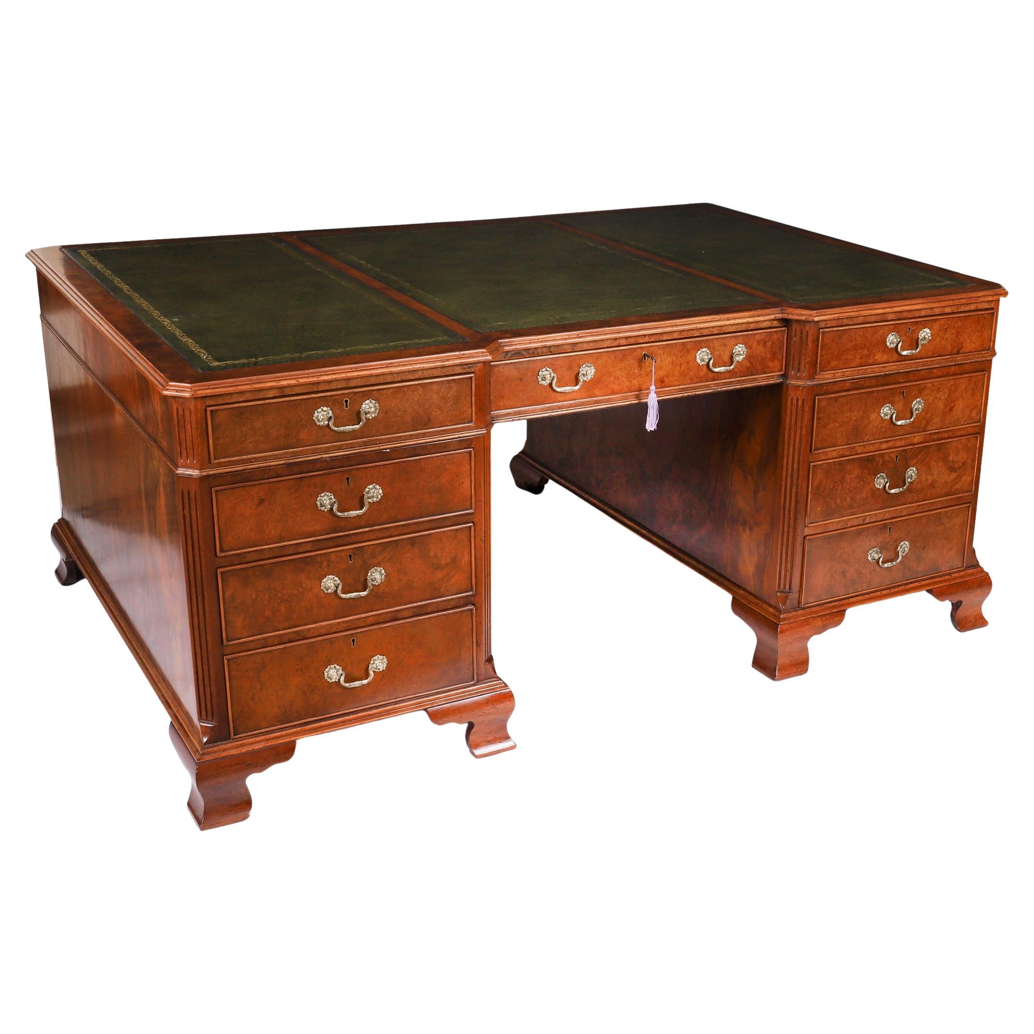 Antique Victorian Burr Walnut Partners Pedestal Desk Circa 1900 178x124cm For Sale