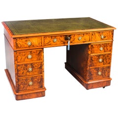 Antique Victorian Burr Walnut Pedestal Desk, 19th Century