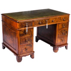 Antique Victorian Burr Walnut Pedestal Desk, 19th Century