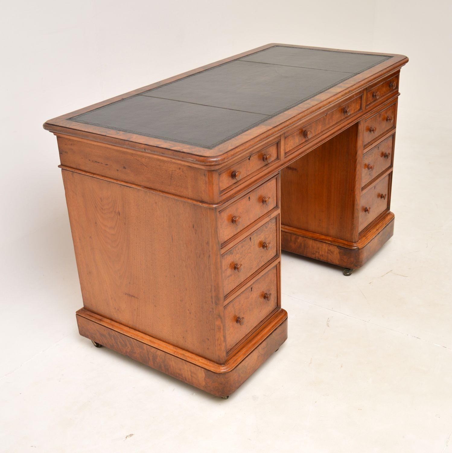 High Victorian Antique Victorian Burr Walnut Pedestal Desk