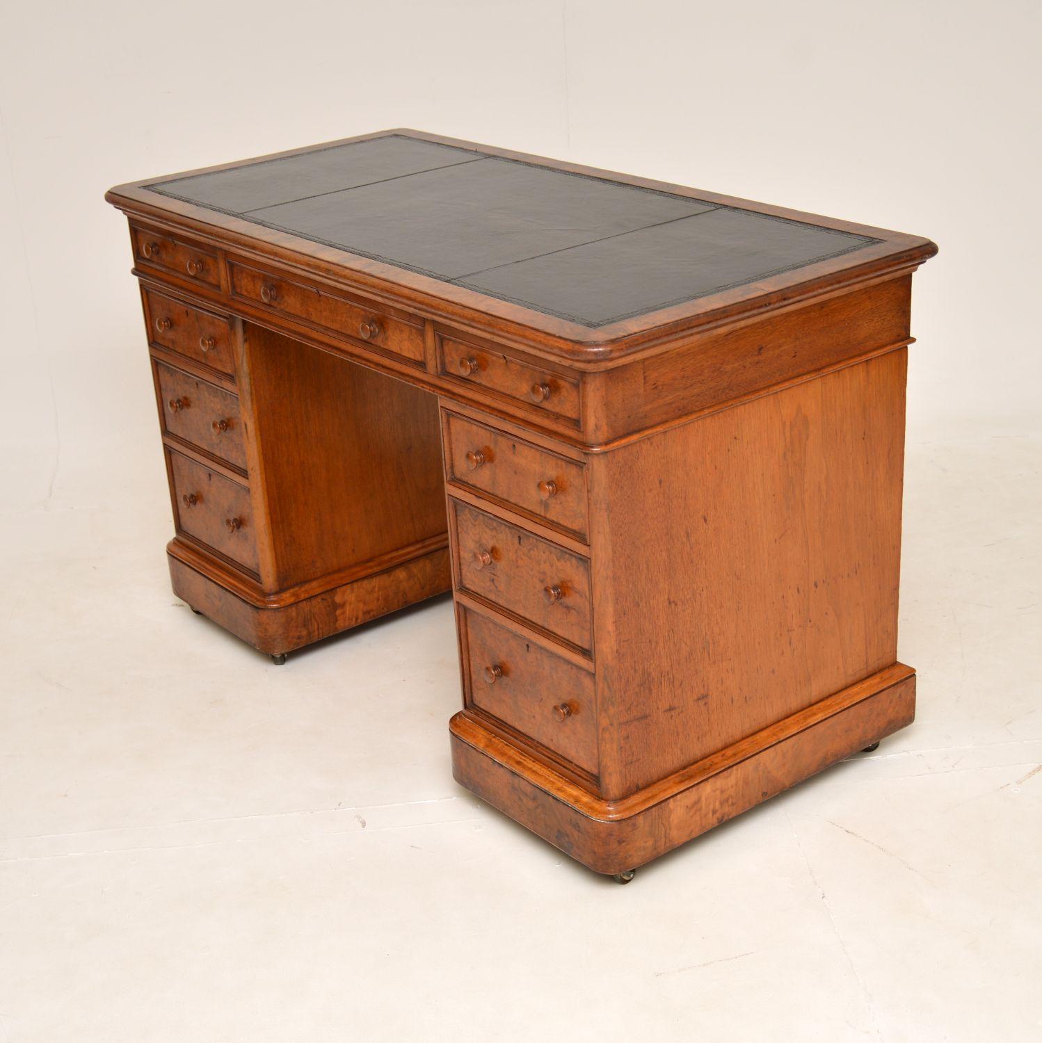 English Antique Victorian Burr Walnut Pedestal Desk