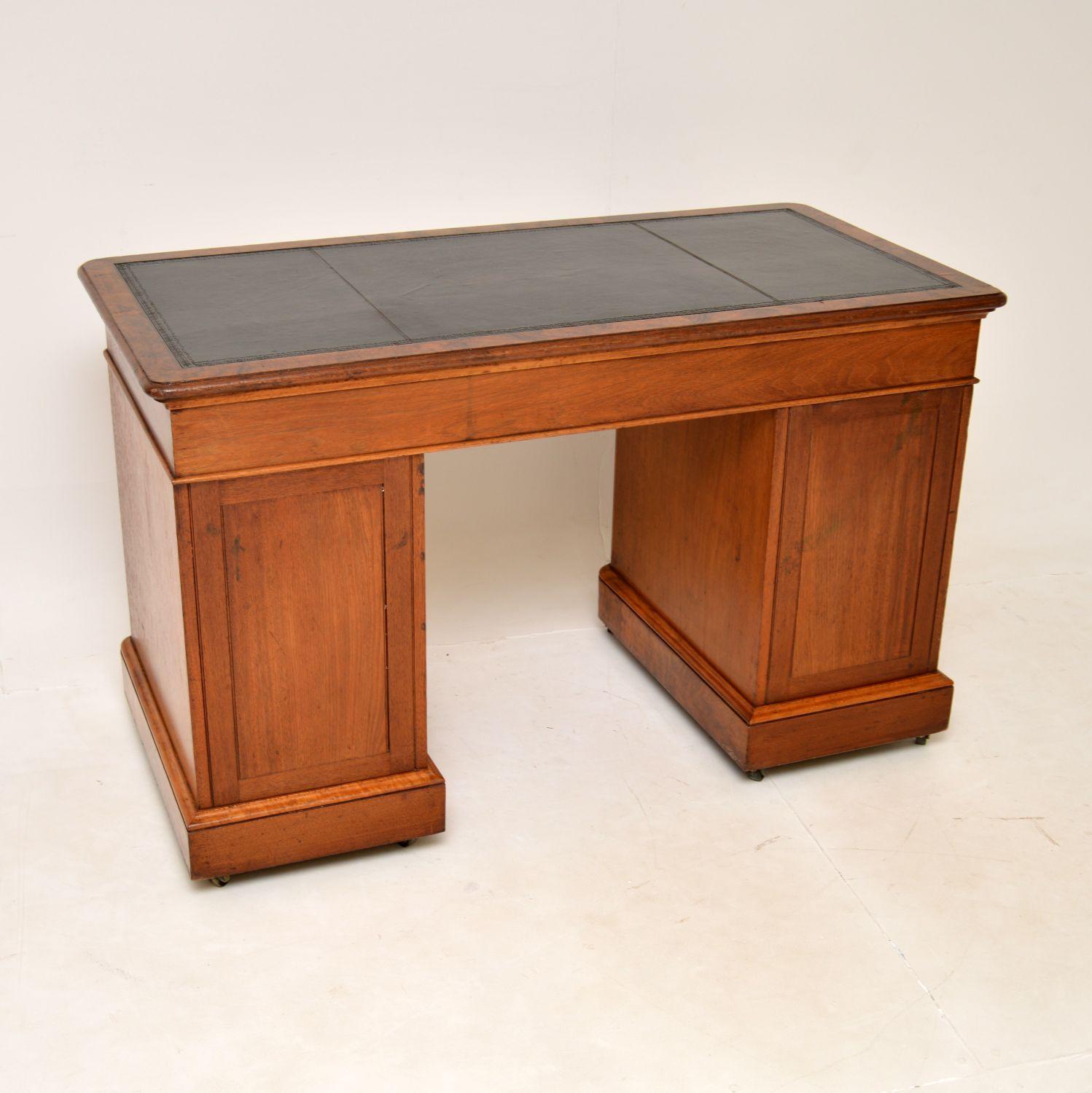 Mid-19th Century Antique Victorian Burr Walnut Pedestal Desk