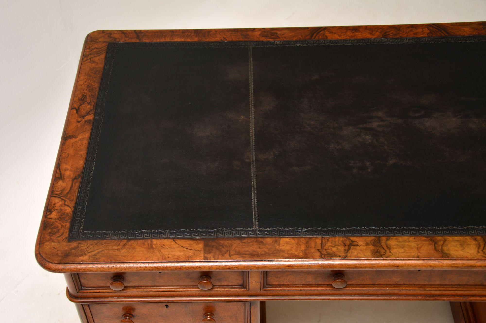 Leather Antique Victorian Burr Walnut Pedestal Desk