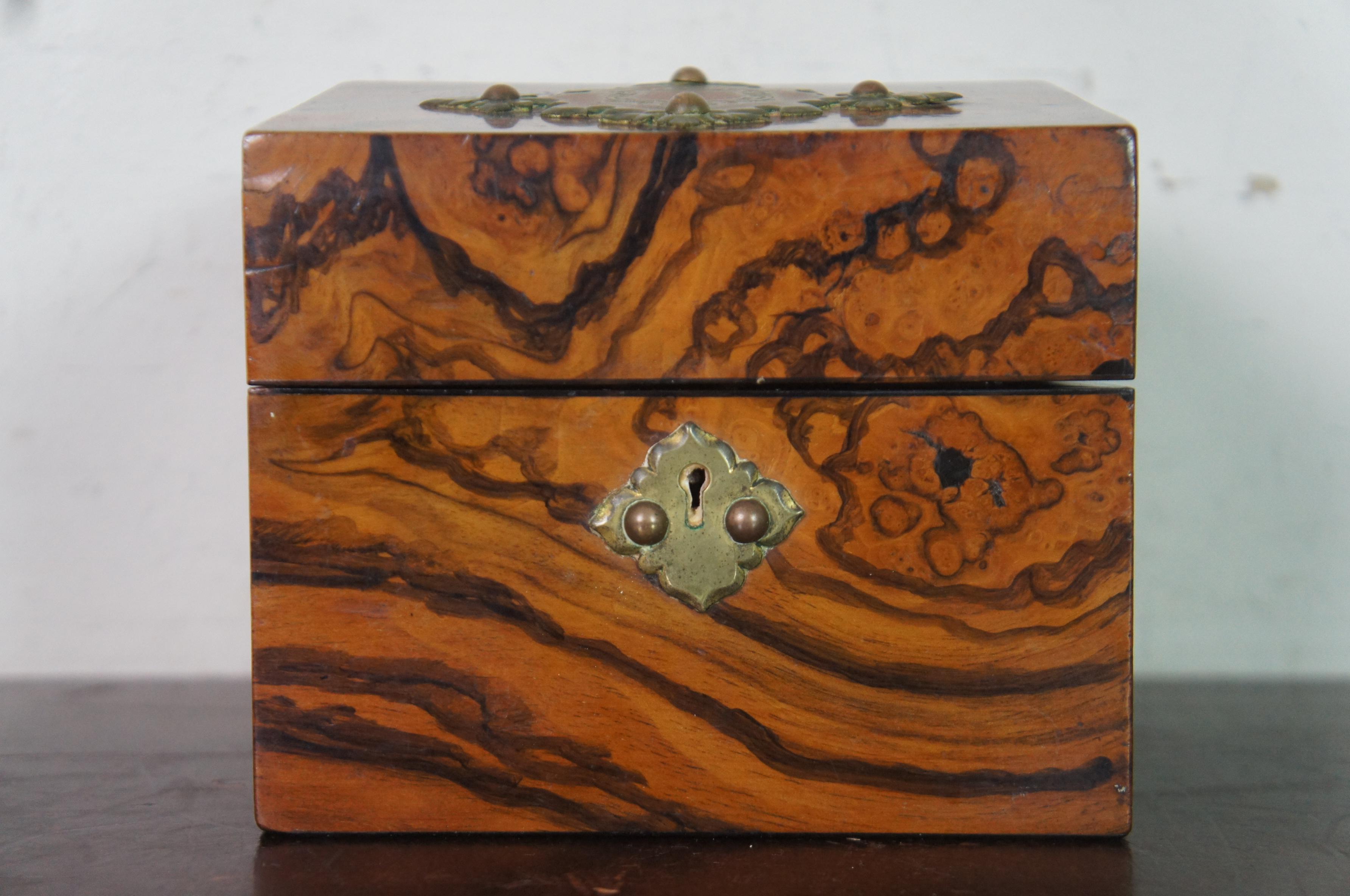 Brass Antique Victorian Burr Walnut Perfume Bottle Apothecary Caddy Box Casket For Sale