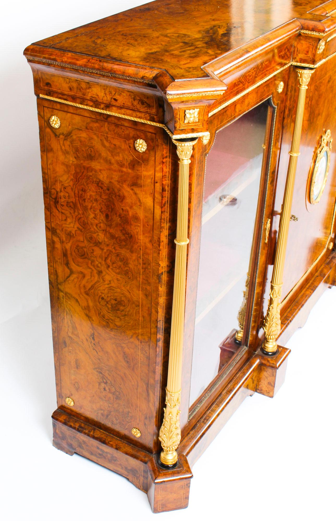 Antique Victorian Burr Walnut Sevres Plaque Credenza Side Cabinet, 19th Century 9